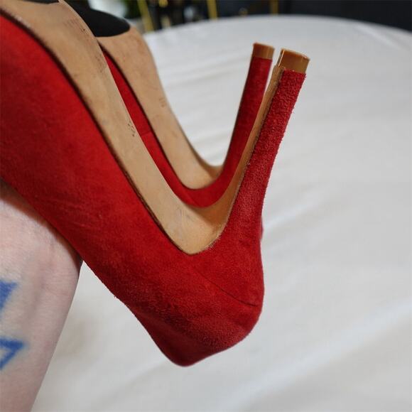Anthropologie Vanessa Tao Pointed Toe Pumps Size 38 7.5 Red Suede Leather Heels - Picture 11 of 15